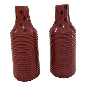 Set Pair of Burgundy Black Polkadot Polka Dot Ribbed Vases 8.5” Tall